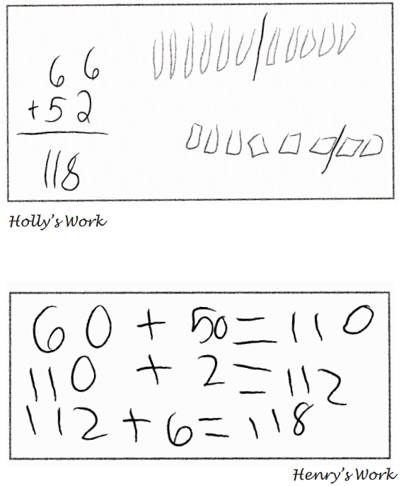 Holly's work - 66+52=118 6 bars to show tens with 6 bars to show ones + 5 boxes to show tens with 2 boxes to show ones and Henry's work - 60+50=110, 110+2=112, 112+6=118